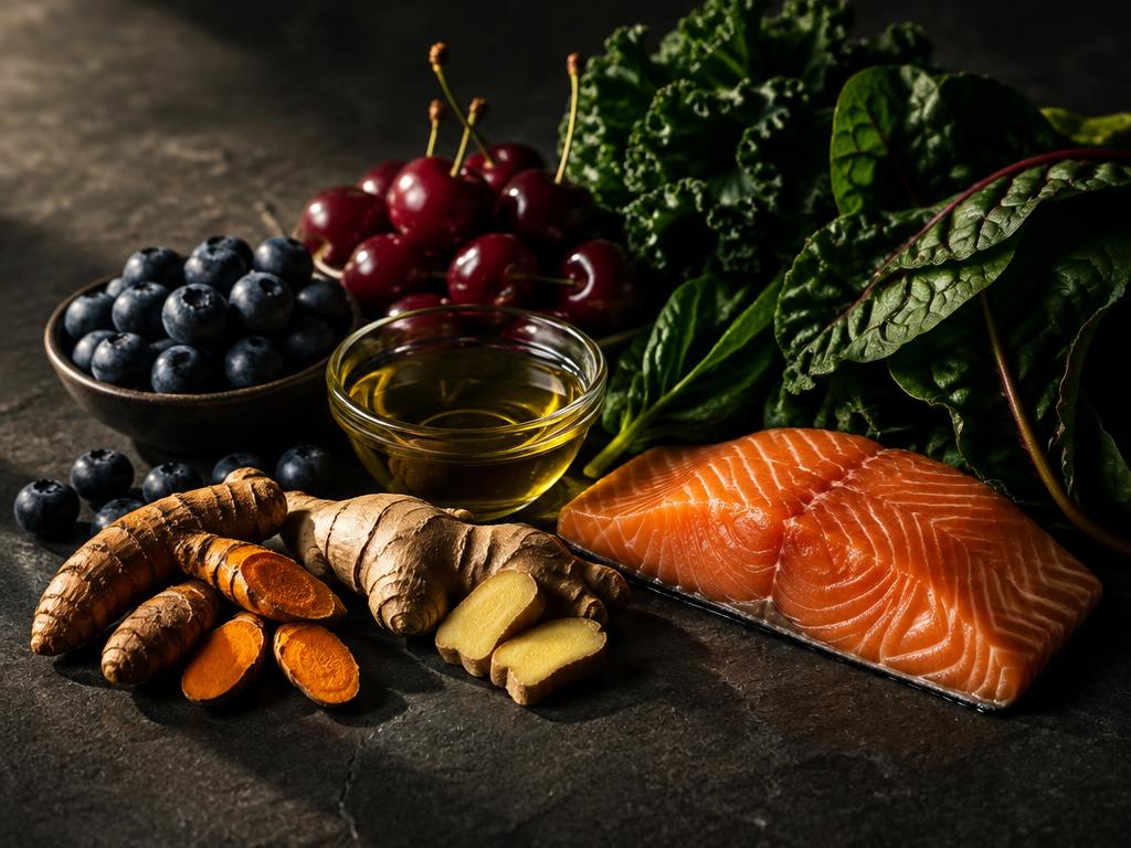 Turmeric, ginger, berries, leafy greens, and salmon on a dark surface