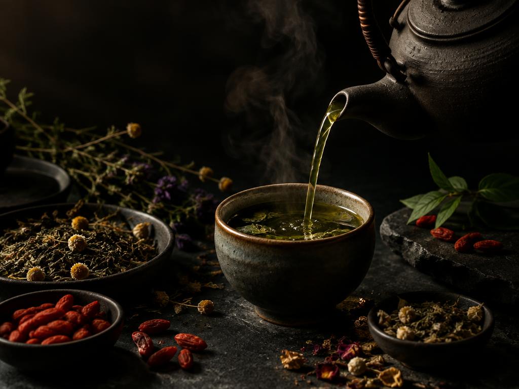 A dark clay teapot pouring herbal infusion into a ceramic cup