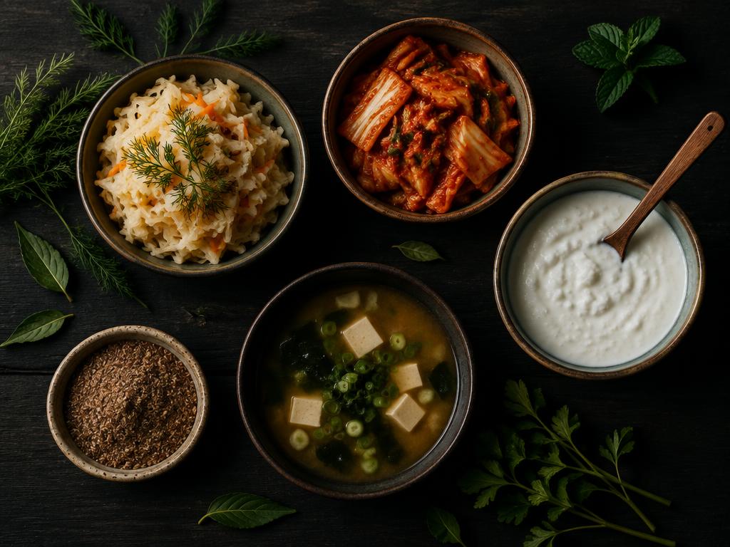 Bowls of fermented vegetables, kefir, and miso on a dark table